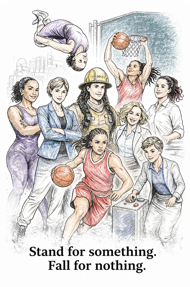 A collage of women includes athletes, a firefighter, and women in professional clothing, with a basketball hoop and chalkboard behind them.