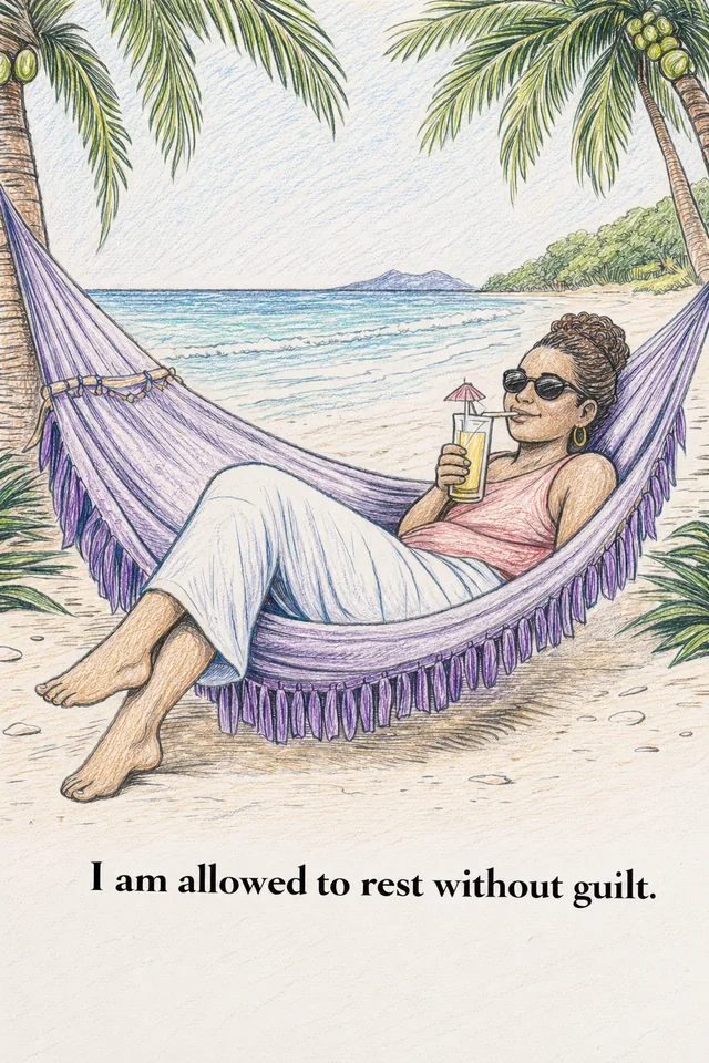 A woman rests in a purple hammock between palm trees, holding a drink beside a blue ocean.