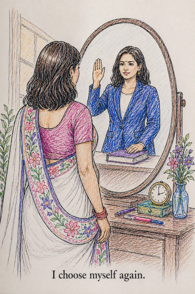 A woman in a floral sari faces an oval mirror; her reflection wears a blue jacket and raises one hand beside a book.